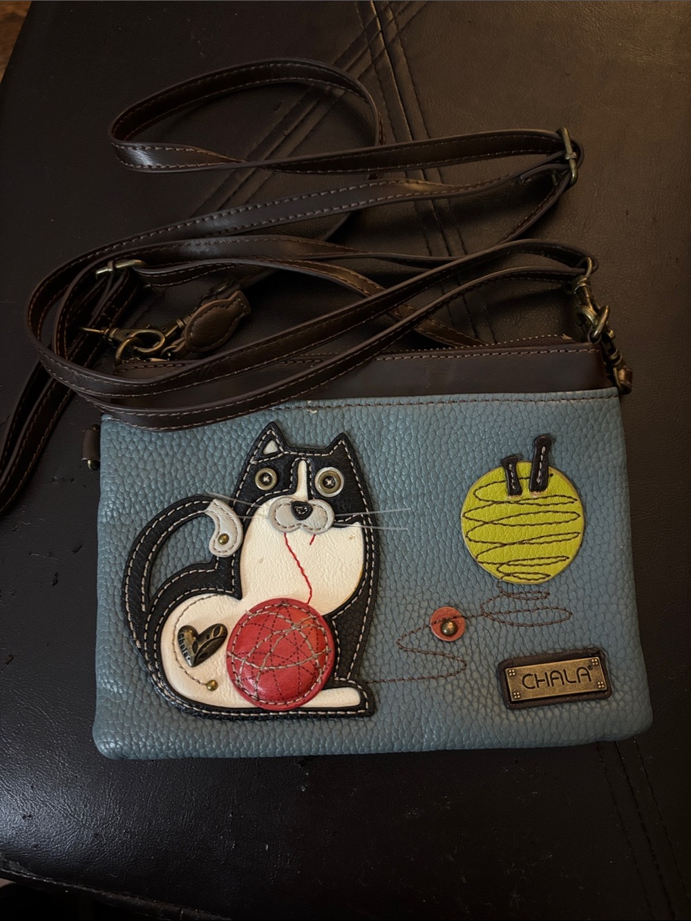 Chala Light Blue Cat Crossbody Bag with Brown Strap